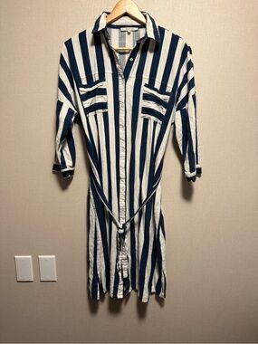 Abel The Label Stripe Shirt Dress Medium Blue White Tie Waist Button Front